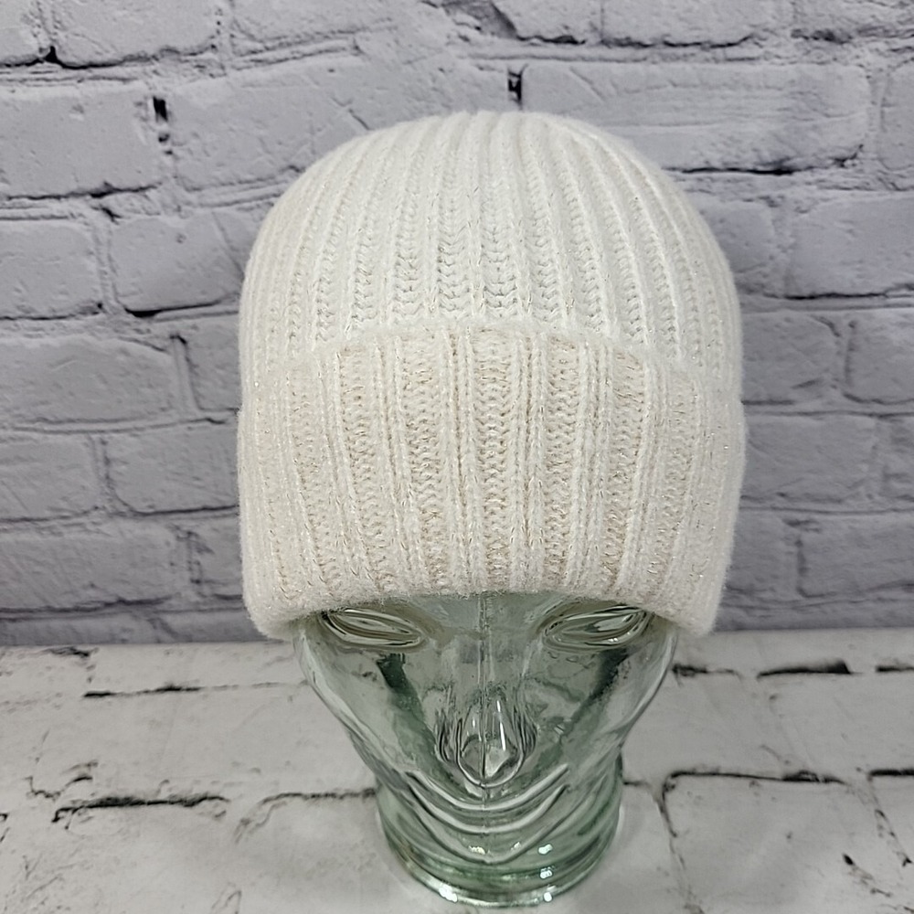 Mixit Beanie Womens Cream Ivory Metallic Shimmer Winter Hat Ribbed Ski‎ Cap NWT